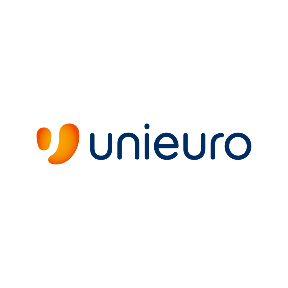 Unieuro logo: blue lowercase wordmark with an orange abstract icon on the left.