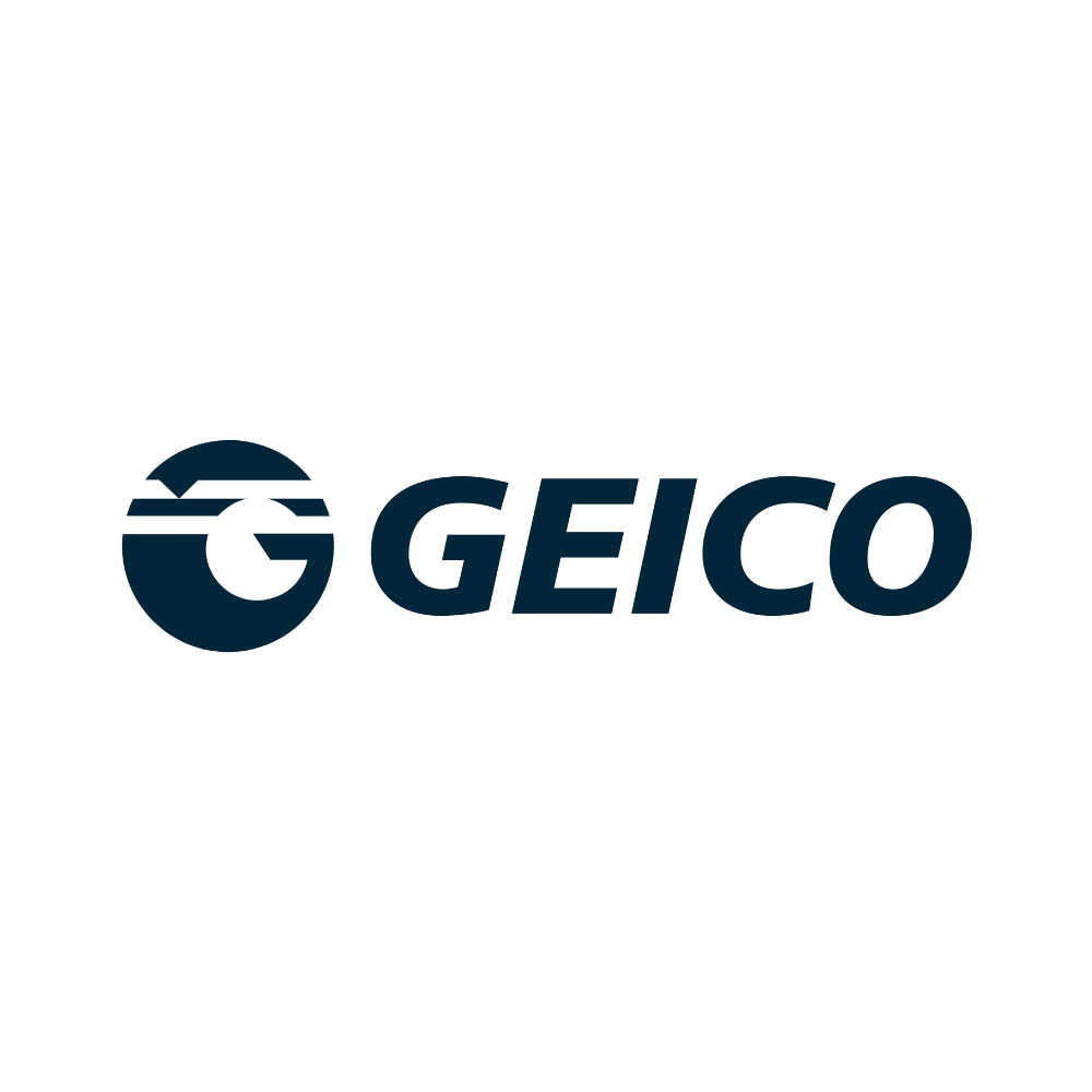 GEICO logo: circular emblem on the left and bold GEICO wordmark in dark blue.