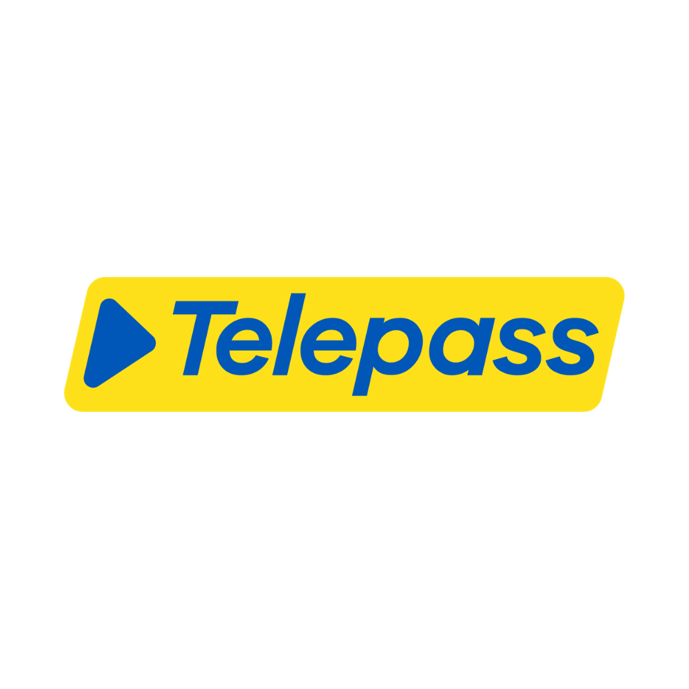 Telepass logo: blue wordmark on a yellow rounded-rectangle background with a blue play icon to the left