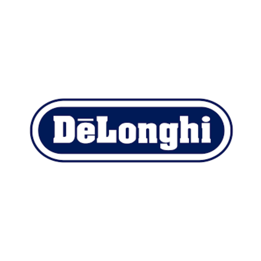 DeLonghi brand logo: white bold text on a blue rounded oval on white background